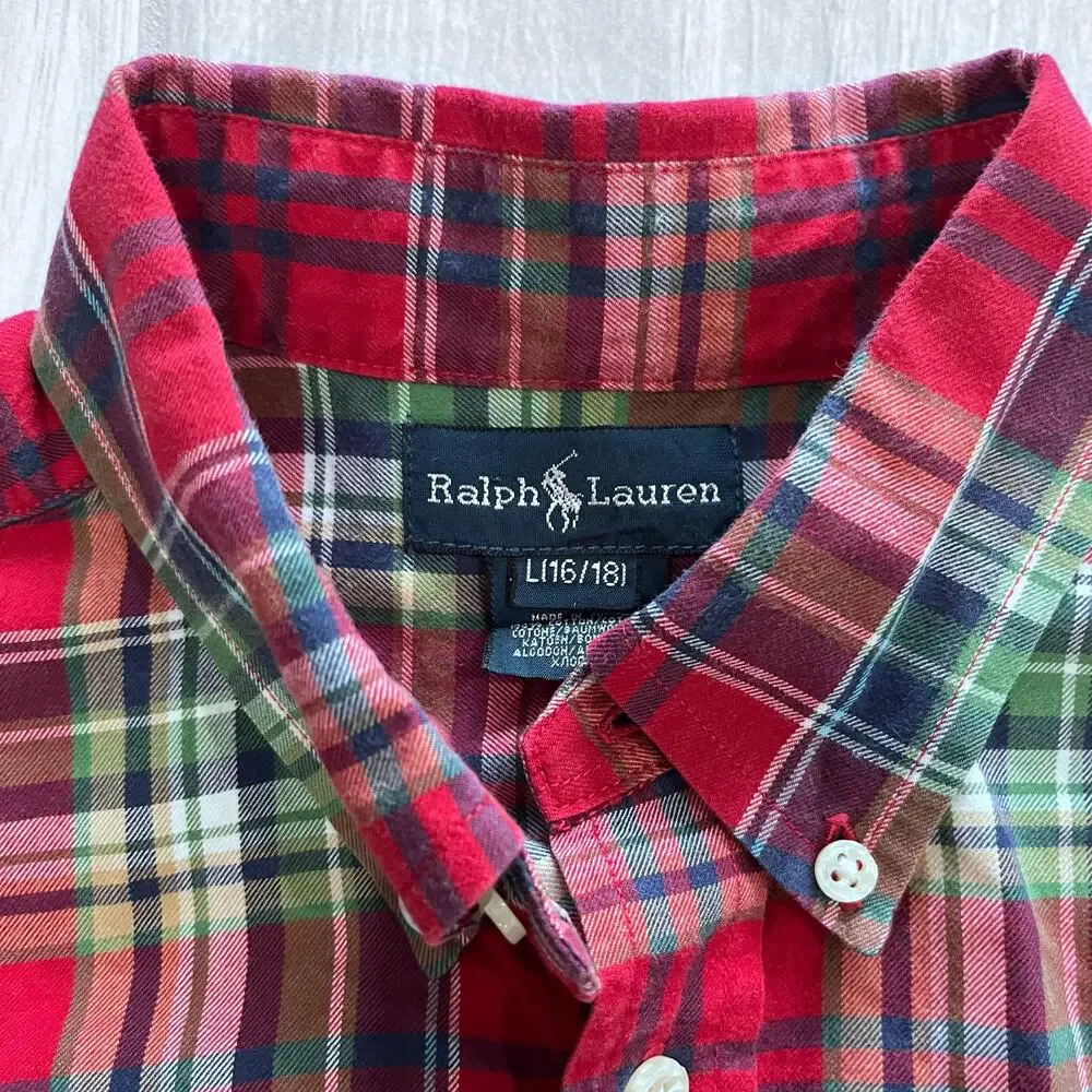 Ralph Lauren Boy’s LG Red Green Blue Plaid Long Sleeve Button Down Shirt